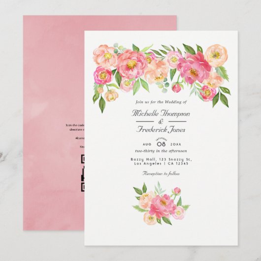 Pastel Pink Waterverf Peony QR Code RSVP Weddensch Kaart (Voorkant / Achterkant)