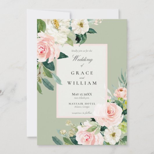 Pastel Pink White en Green Floral Wedding Kaart (Voorkant)