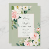 Pastel Pink White en Green Floral Wedding Kaart (Voorkant / Achterkant)