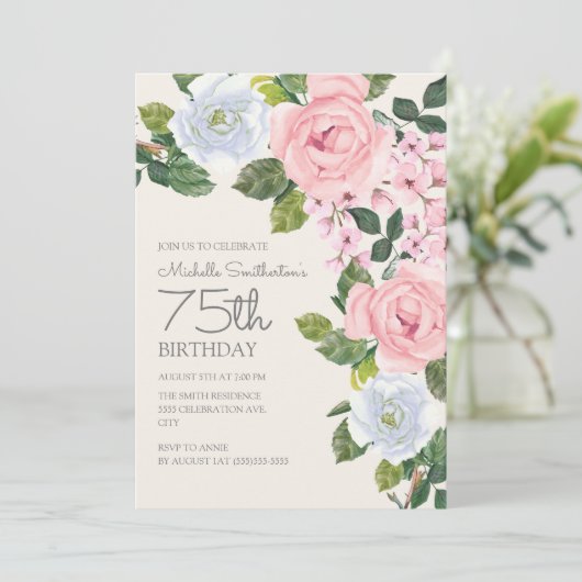 Pastel Pink White Floral Woman's 75e verjaardag Kaart (Staand voorkant)