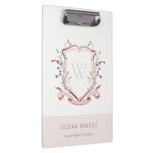 Pastel Pink Wildflower Waterverf Crest Monogram Klembord (Rechts)