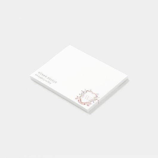 Pastel Pink Wildflower Waterverf Crest Monogram Post-it® Notes (Schuin)