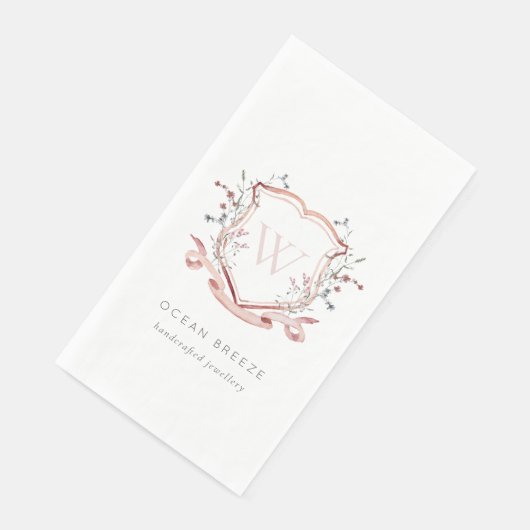 Pastel Pink Wildflower Waterverf Crest Monogram Servet (Hoek)