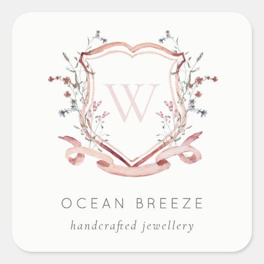 Pastel Pink Wildflower Waterverf Crest Monogram Vierkante Sticker (Voorkant)