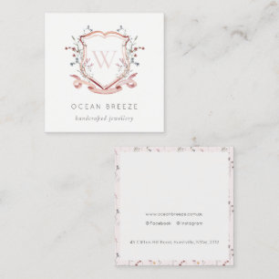 Pastel Pink Wildflower Waterverf Crest Monogram Vierkante Visitekaartje