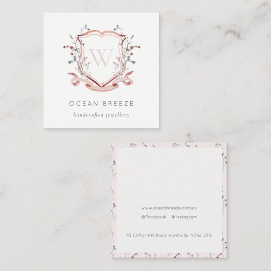 Pastel Pink Wildflower Waterverf Crest Monogram Vierkante Visitekaartje (Voorkant / Achterkant)