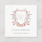 Pastel Pink Wildflower Waterverf Crest Monogram Vierkante Visitekaartje (Voorkant)