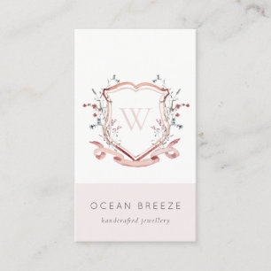 Pastel Pink Wildflower Waterverf Crest Monogram Visitekaartje