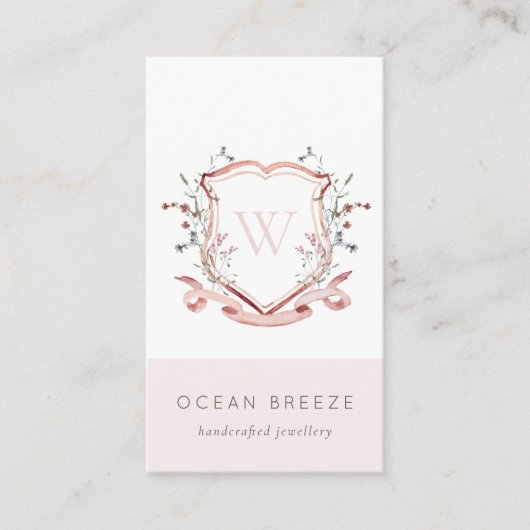 Pastel Pink Wildflower Waterverf Crest Monogram Visitekaartje (Voorkant)