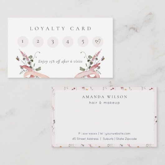 Pastel Pink Wildflower Waterverf Lint Loyalty Visitekaartje (Voorkant / Achterkant)
