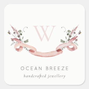 Pastel Pink Wildflower Waterverf Monogram koolstof Vierkante Sticker