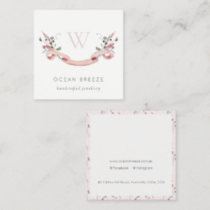 Pastel Pink Wildflower Waterverf Monogram koolstof Vierkante Visitekaartje