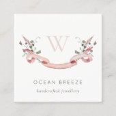 Pastel Pink Wildflower Waterverf Monogram koolstof Vierkante Visitekaartje (Voorkant)
