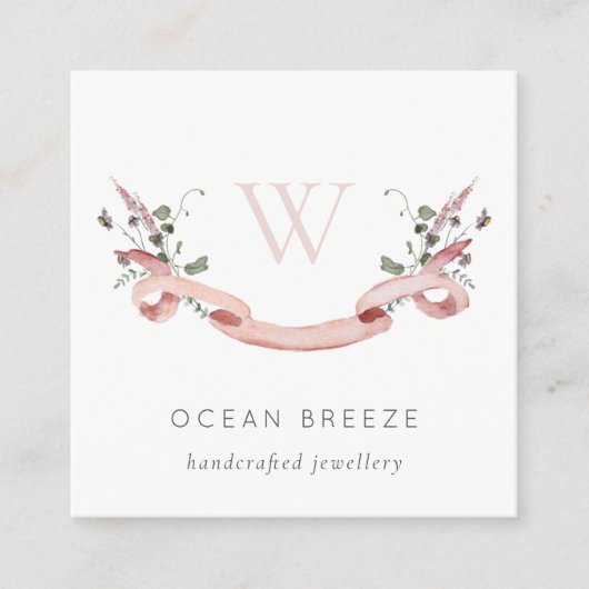 Pastel Pink Wildflower Waterverf Monogram koolstof Vierkante Visitekaartje (Voorkant)