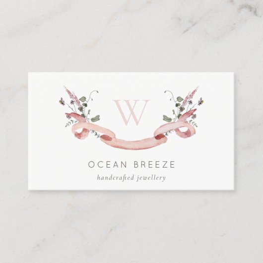 Pastel Pink Wildflower Waterverf Monogram koolstof Visitekaartje (Voorkant)