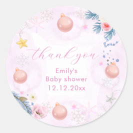 Pastel Pink Winter Snowflake Floral Baby Shower  Ronde Sticker