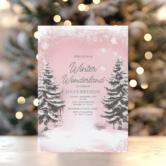 Pastel Pink Winter Wonderland Birthday Party Kaart