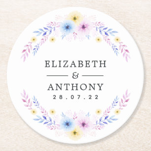 Pastel Pink, Yellow and Blue Floral Wedding Ronde Kartonnen Onderzetter