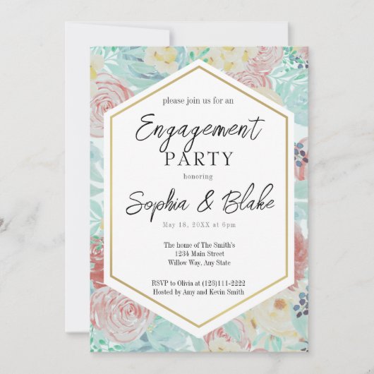 Pastel Pink & Yellow Floral Engagement Party Kaart (Voorkant)