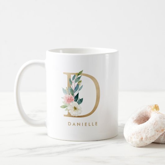 Pastel pioen bloem letter D goudfolie monogram Koffiemok (Met donut)