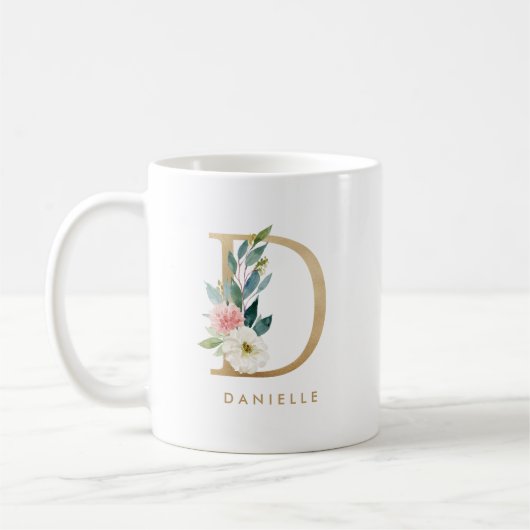 Pastel pioen bloem letter D goudfolie monogram Koffiemok (Links)