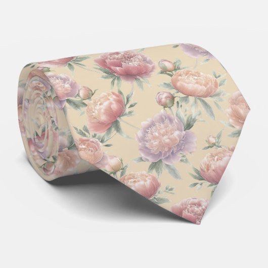 Pastel Pioen Bloem Motief Stropdas (Opgerold)