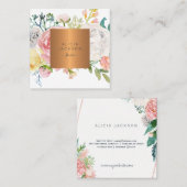 Pastel pioen rozen roos gouden koperlabel bloemist vierkante visitekaartje (Voorkant / Achterkant)