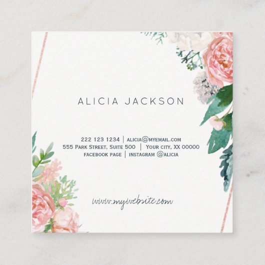 Pastel pioen rozen roos gouden koperlabel bloemist vierkante visitekaartje (Achterkant)