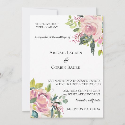 Pastel Pioen Waterverf bruiloft uitnodiging (Voorkant)