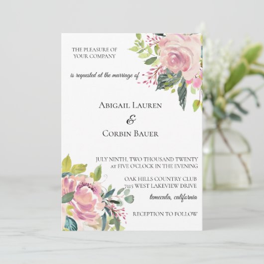 Pastel Pioen Waterverf bruiloft uitnodiging (Staand voorkant)