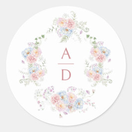 Pastel Pioenrozen Frame Trouw Monogrammen Ronde Sticker