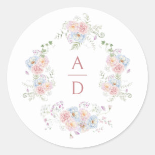 Pastel Pioenrozen Frame Trouw Monogrammen Ronde Sticker