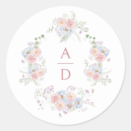 Pastel Pioenrozen Frame Trouw Monogrammen Ronde Sticker (Voorkant)