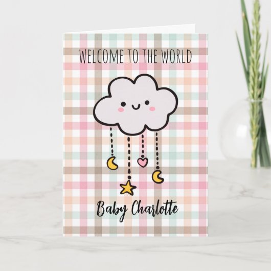 Pastel Plaid Cloud Welkom Baby Meisje Kaart (Voorkant)