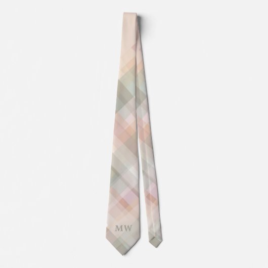 Pastel Plaid Monogram Initialen Peach Beige Sage Stropdas (Voorkant)