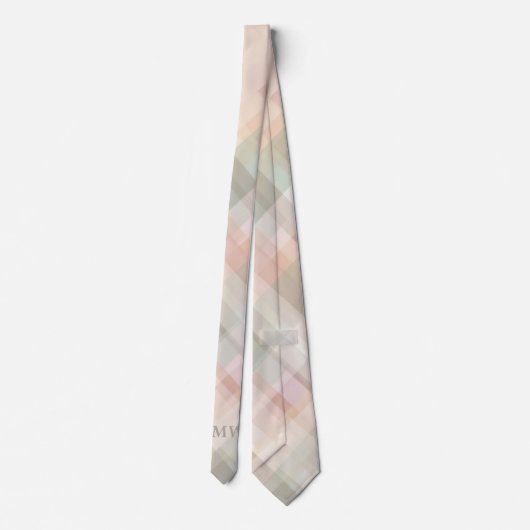 Pastel Plaid Monogram Initialen Peach Beige Sage Stropdas (Achterkant)