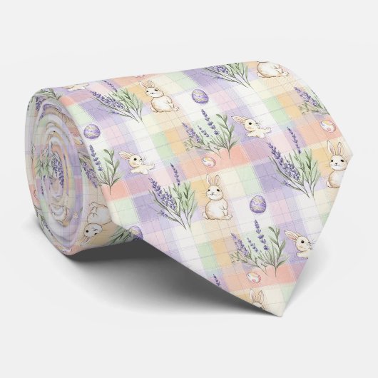 Pastel Plaid Paas Konijn Patroon Stropdas (Opgerold)
