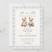 Pastel Plaid Teddy Bear Gender Reveal Baby Shower Kaart (Voorkant)