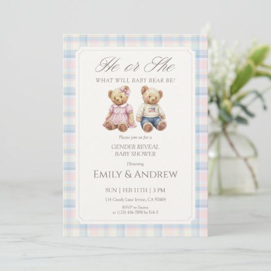 Pastel Plaid Teddy Bear Gender Reveal Baby Shower Kaart (Staand voorkant)
