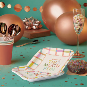 Pastel Plaid "Twee veel plezier" 2e verjaardag Cus Papieren Bordje