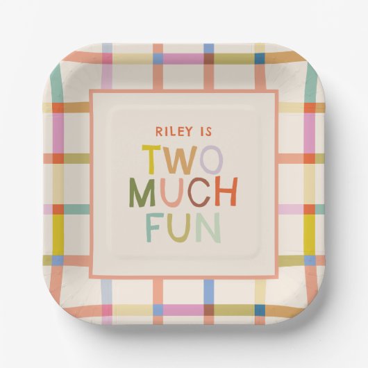 Pastel Plaid "Twee veel plezier" 2e verjaardag Cus Papieren Bordje (Voorkant)