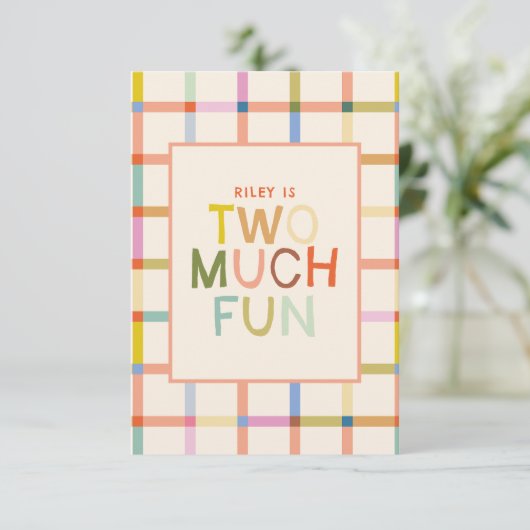 Pastel Plaid "Twee veel plezier" 2e verjaardag dan Bedankkaart (Staand voorkant)