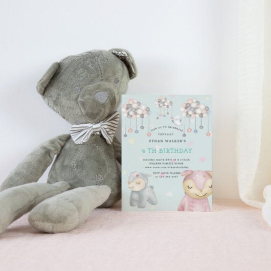 Pastel Pluche Speelgoed Virtuele Verjaardagsfeest Kaart