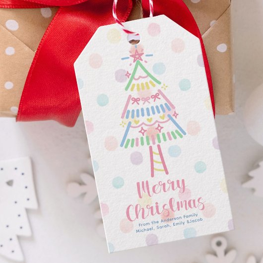 Pastel Polka Dot Kerstboom Vrolijk Kerstfeest Cadeaulabel