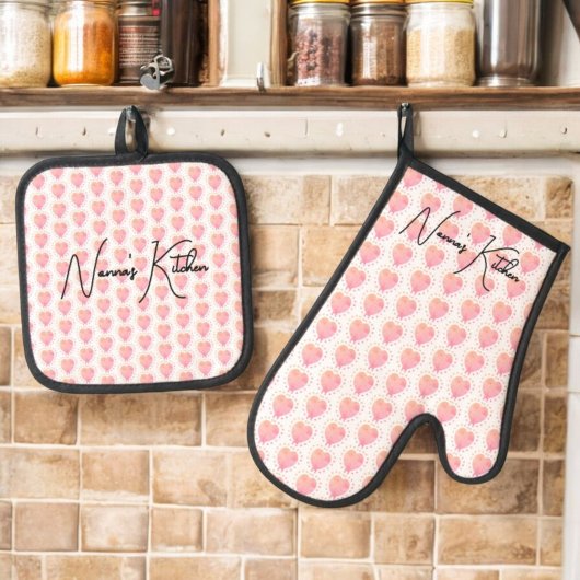 Pastel Polka Dot Omgeven Hartpatroon Ovenwant & Pannenlap Set