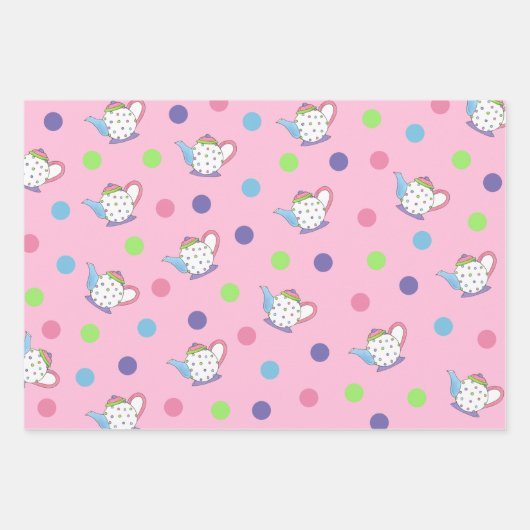 Pastel Polka Dot Teapot Aftermiddag Tea Party Pot Inpakpapier Vel (Voorkant)