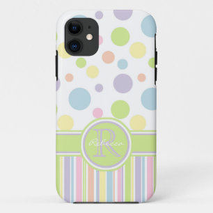 Pastel Polka Dots and Stripes w/Name & Initiaal iPhone 11 Hoesje