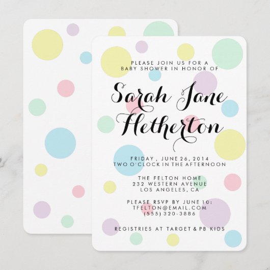 Pastel Polka Dots Baby Shower Invitations Kaart (Voorkant / Achterkant)