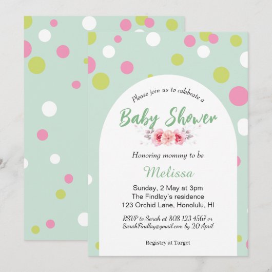 Pastel polka dots baby shower kaart (Voorkant / Achterkant)