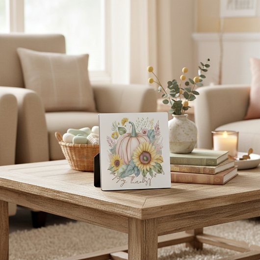 Pastel pompoen en boho bloemstuk op maat fotoplaat